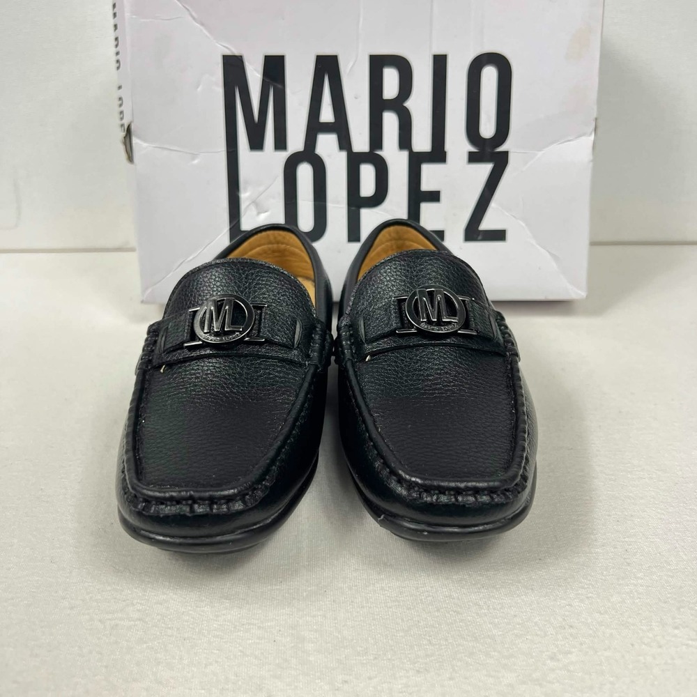 EUC Mario Lopez Hogan Black Loafers Shoes Metal ML Logo Memory Foam Boys 12M